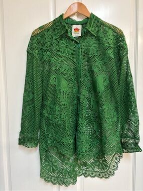 FARM Rio Emerald Green Crochet Lace Button-Front Blouse